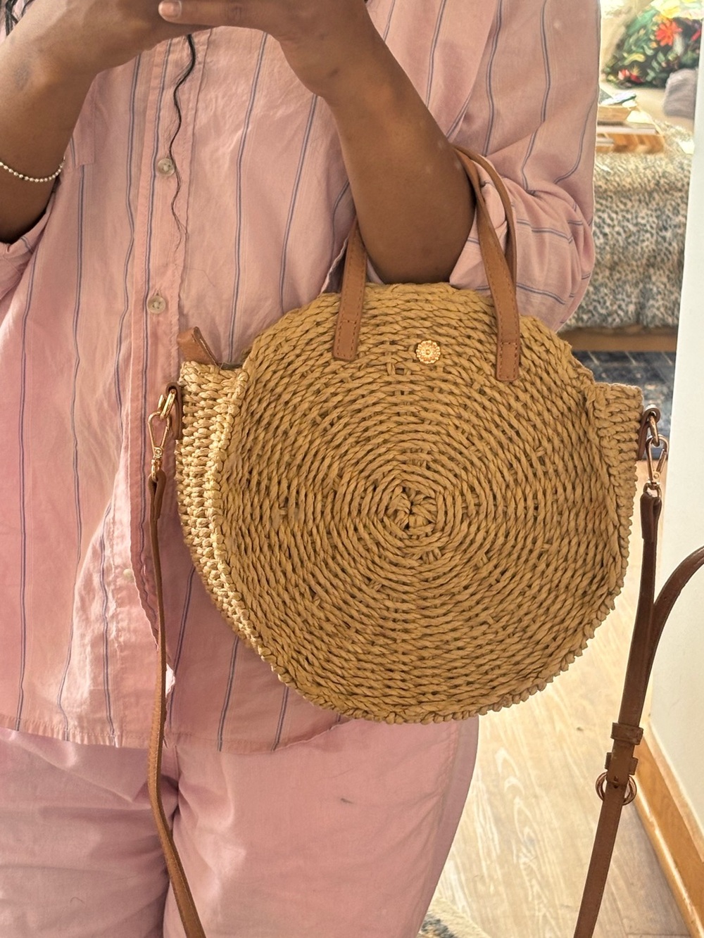 LC Lauren Conrad Round Woven Straw Crossbody with Tan Leather Trim